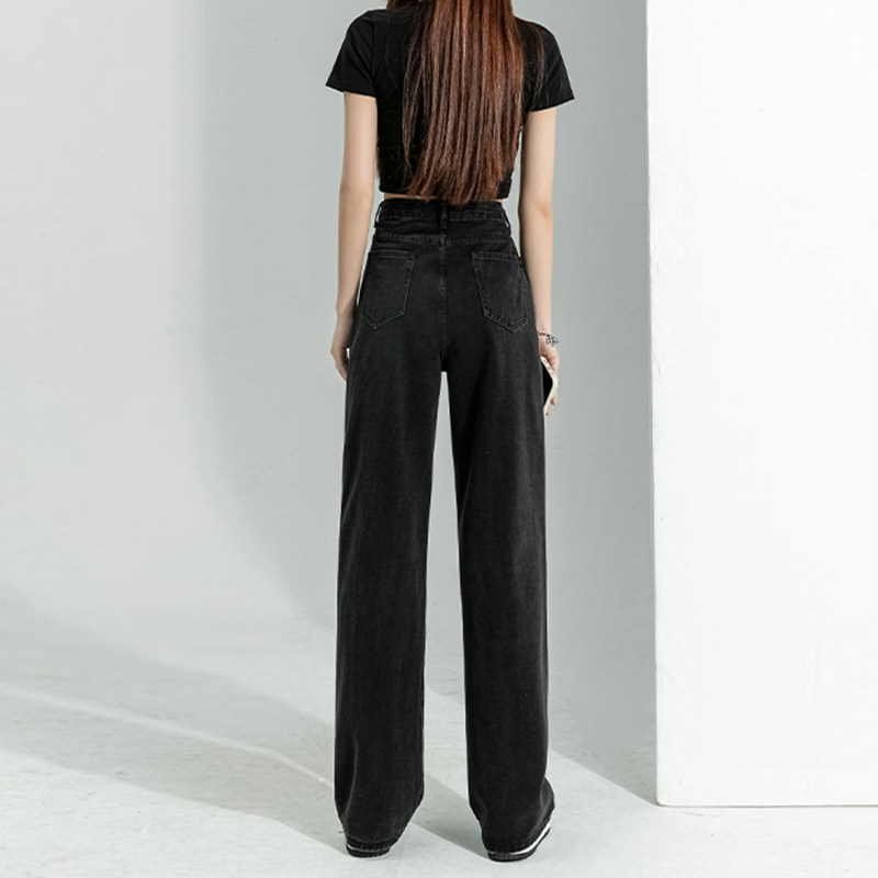 Black high-waisted straight-leg ripped jeans, summer women's thin, wide-leg pants with a sense of drape, loose and slimming floor-length pants Application Scenario